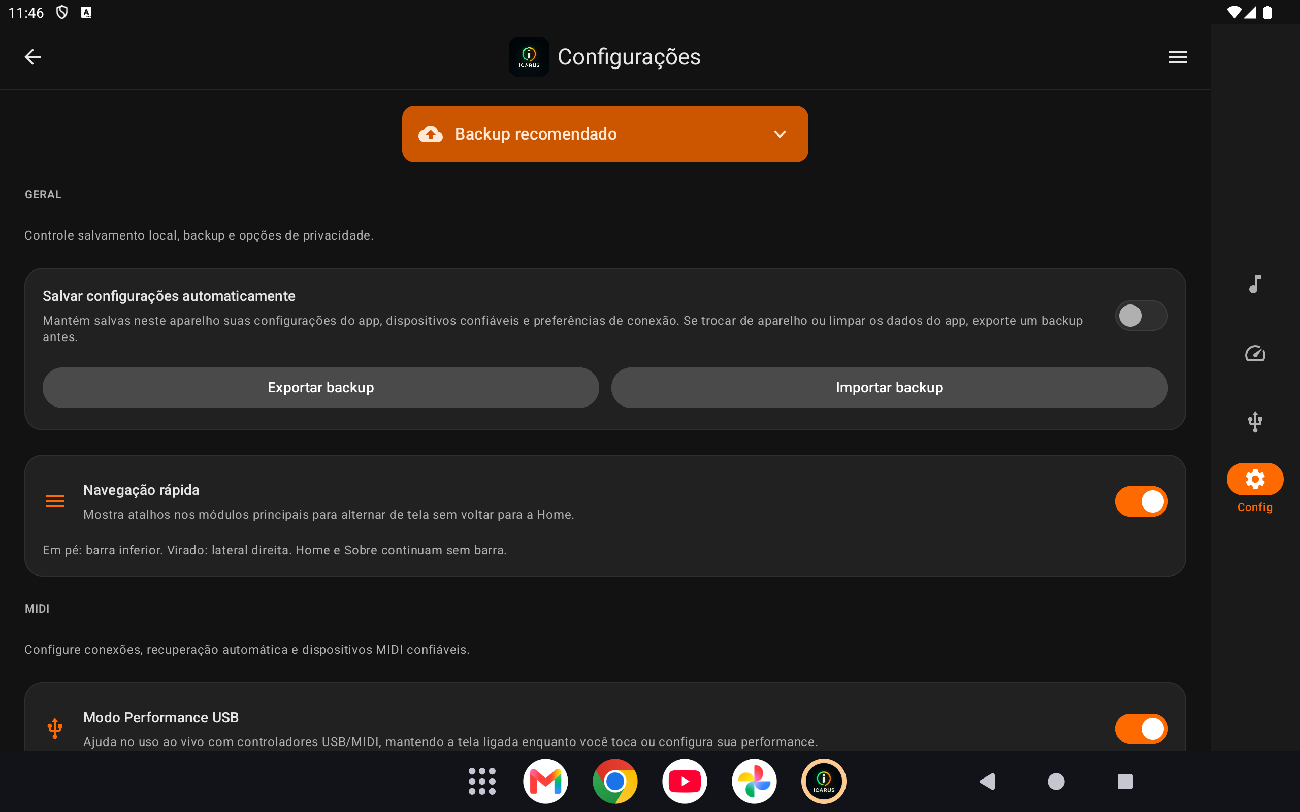 Tela de importação e exportação de configurações