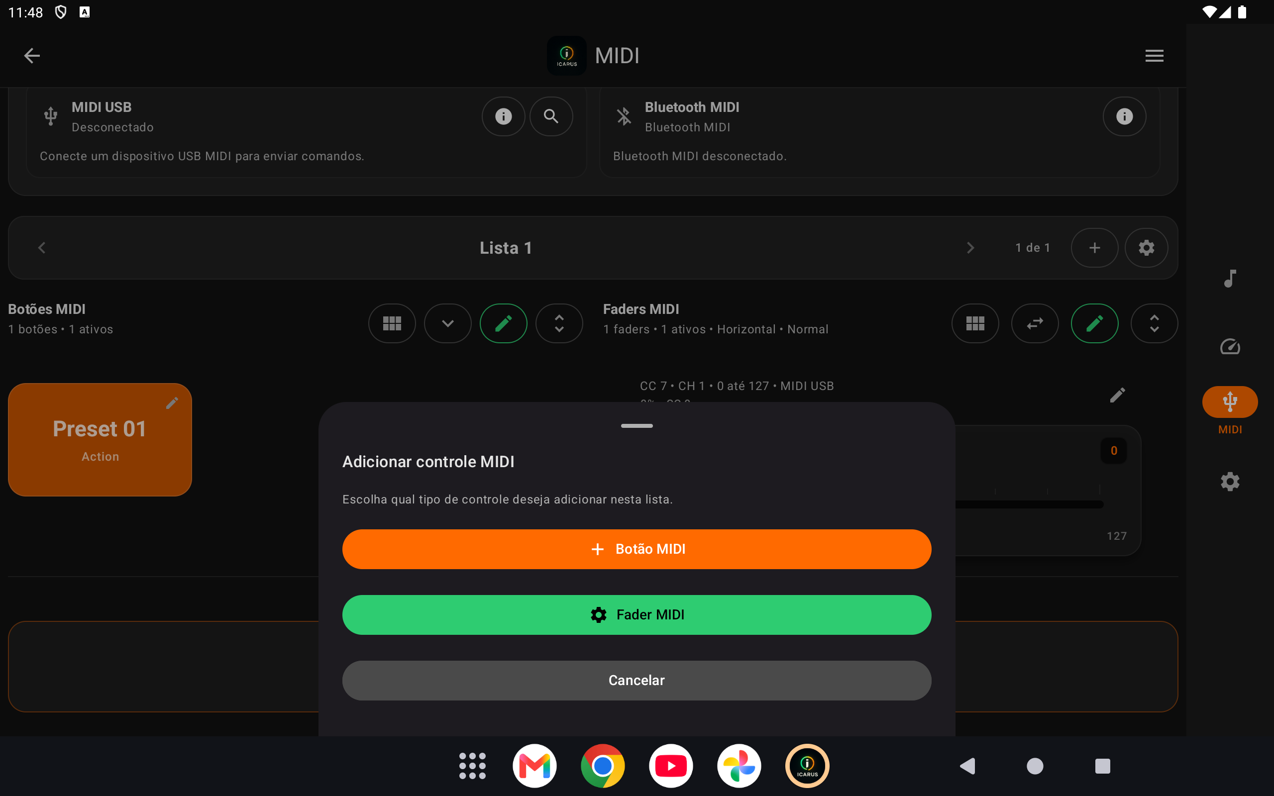 Tela de criação de comandos e faders MIDI