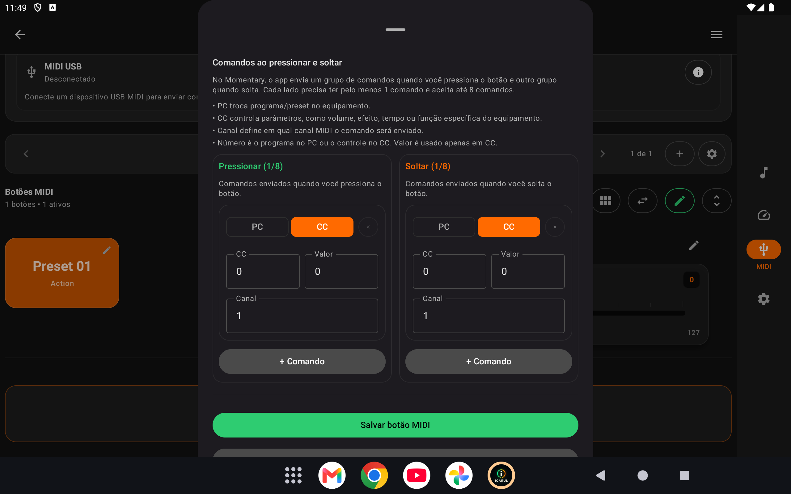 Tela de configuração de ação MIDI ao pressionar e soltar