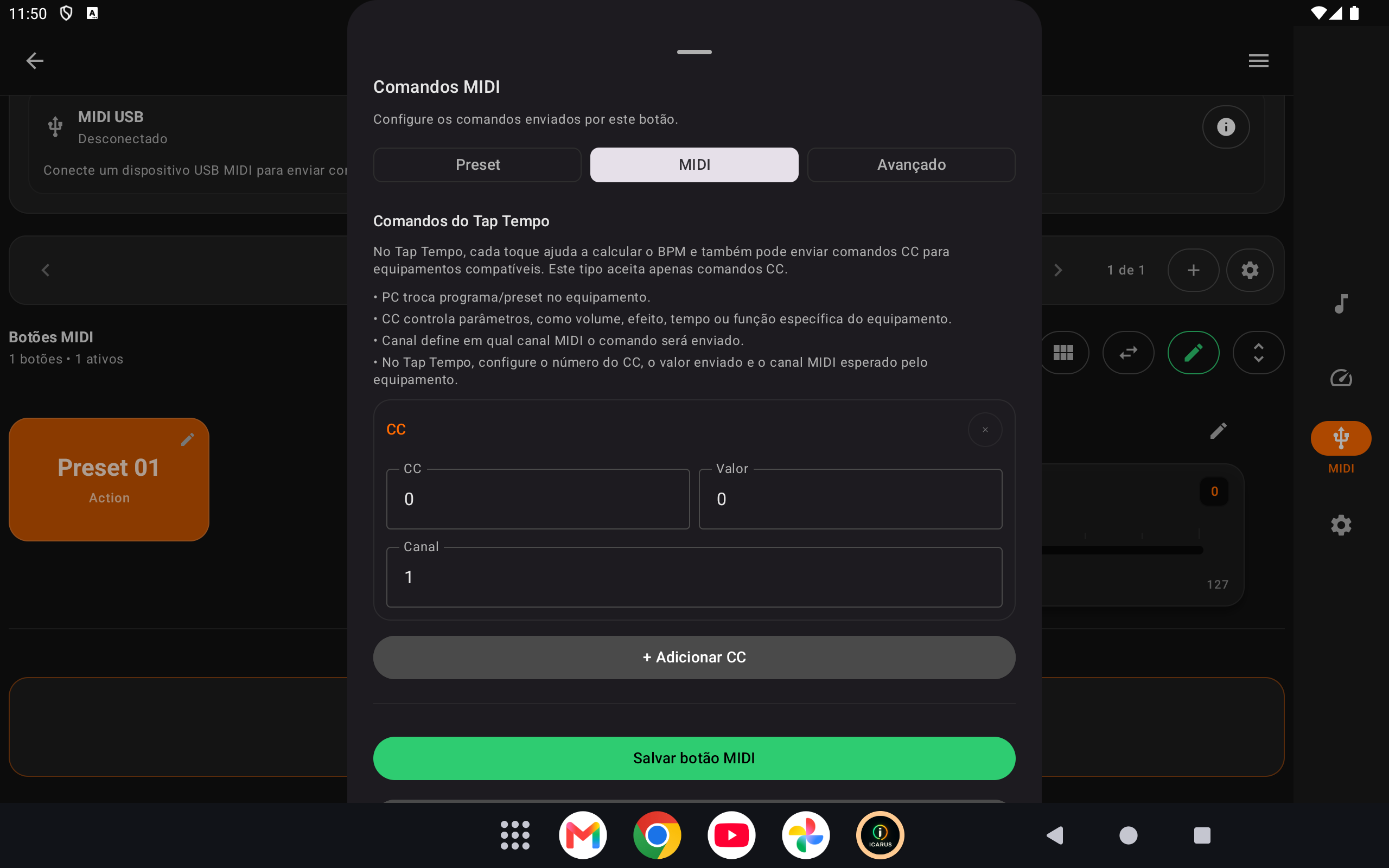 Tela de configuração de comando MIDI para tap tempo