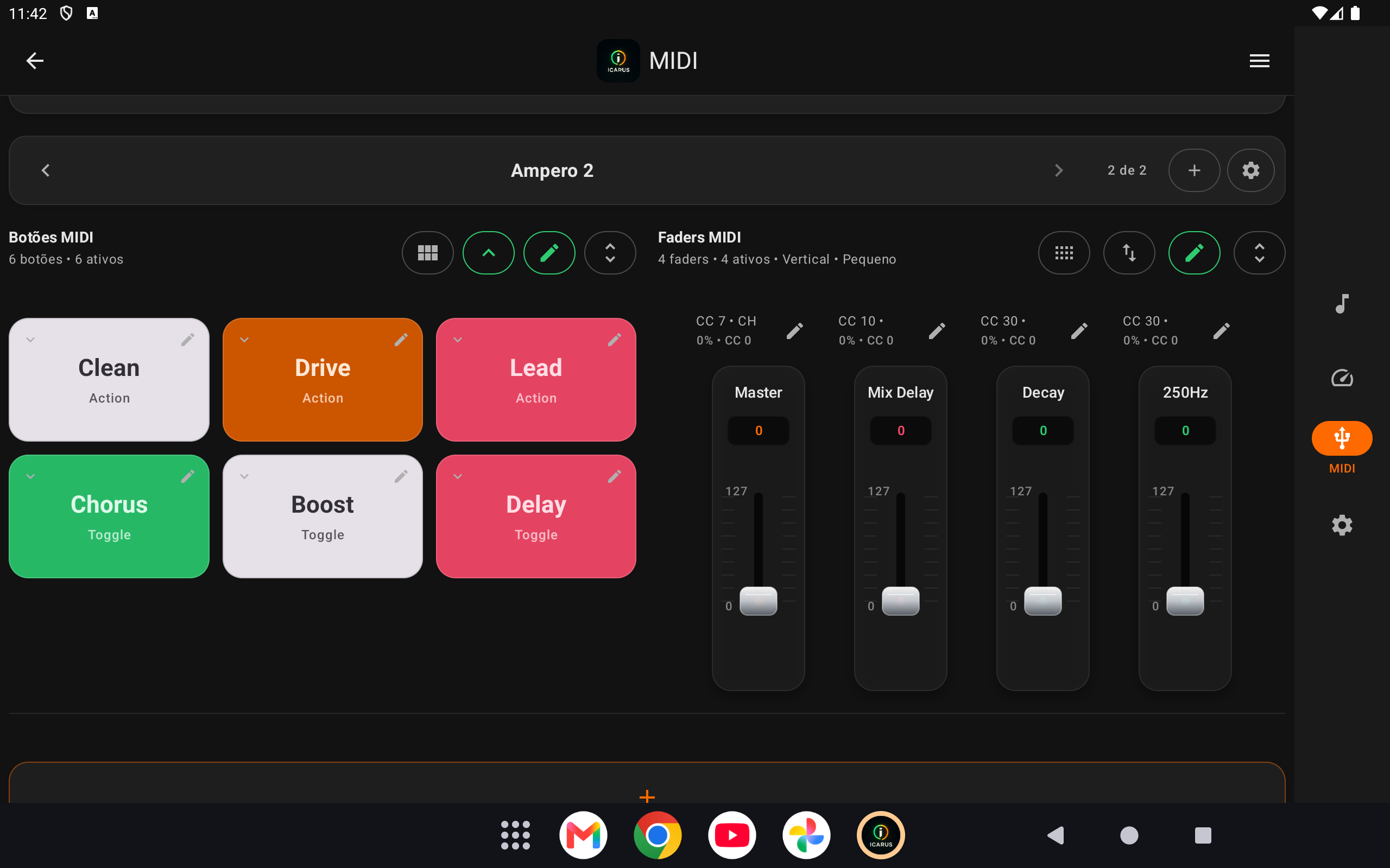 Tela do módulo MIDI com botões e faders configuráveis