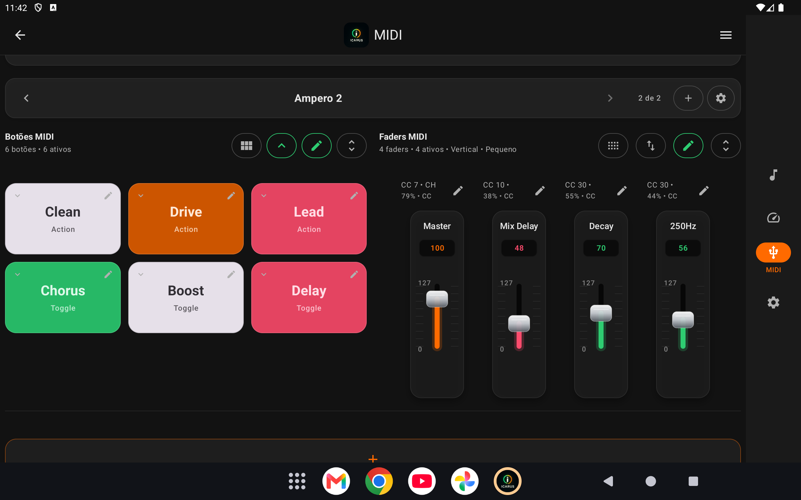 Tela do módulo MIDI com layout organizado para performance