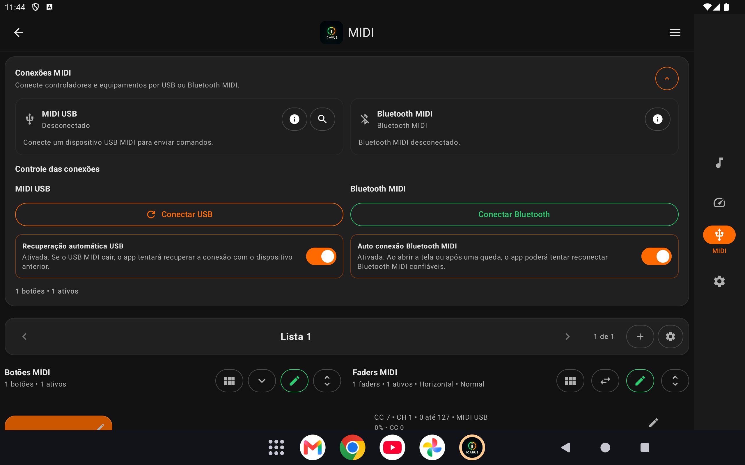 Tela de conexões USB e Bluetooth MIDI