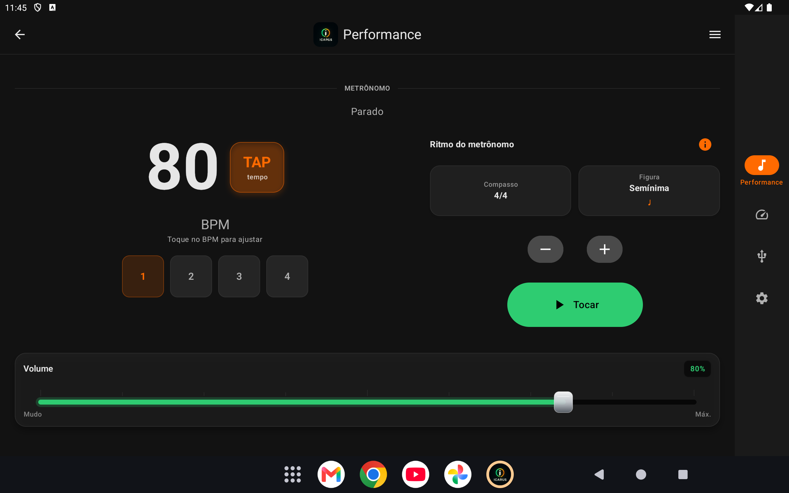 Tela principal do metrônomo em tablet