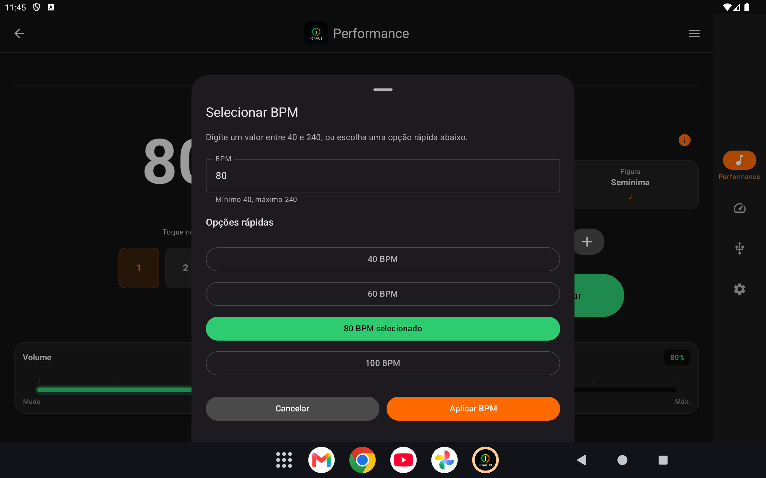 Tela de ajuste de BPM do metrônomo